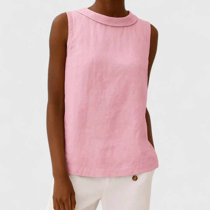 Women’s sleeveless top with a roll collar, draped neckline, and relaxed fit, ideal for office wear, evening outings, and smart-casual styling.