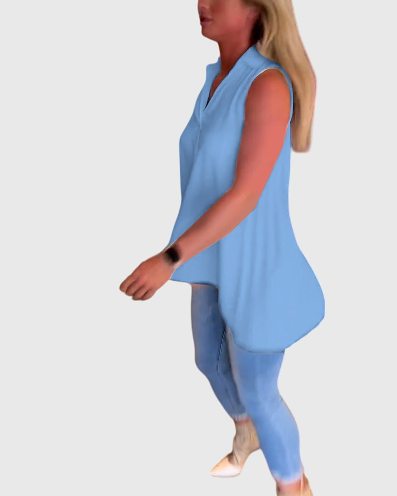 Women’s sleeveless top with ruffle details and a lapel collar, ideal for everyday wear, office outfits, and smart-casual occasions.