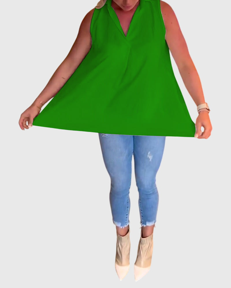 Women’s sleeveless top with ruffle details and a lapel collar, ideal for everyday wear, office outfits, and smart-casual occasions.