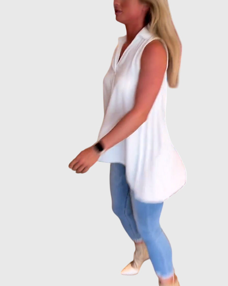 Women’s sleeveless top with ruffle details and a lapel collar, ideal for everyday wear, office outfits, and smart-casual occasions.