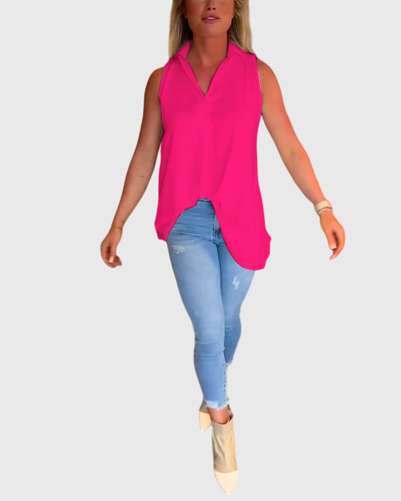 Women’s sleeveless top with ruffle details and a lapel collar, ideal for everyday wear, office outfits, and smart-casual occasions.