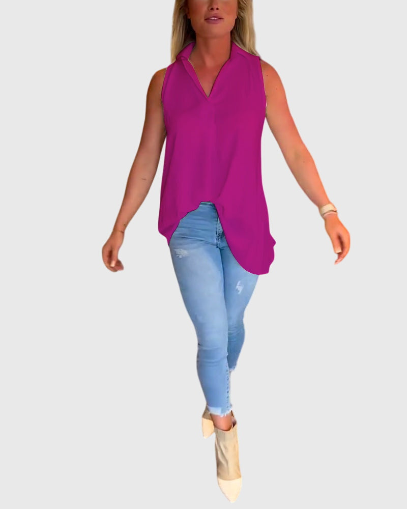 Women’s sleeveless top with ruffle details and a lapel collar, ideal for everyday wear, office outfits, and smart-casual occasions.
