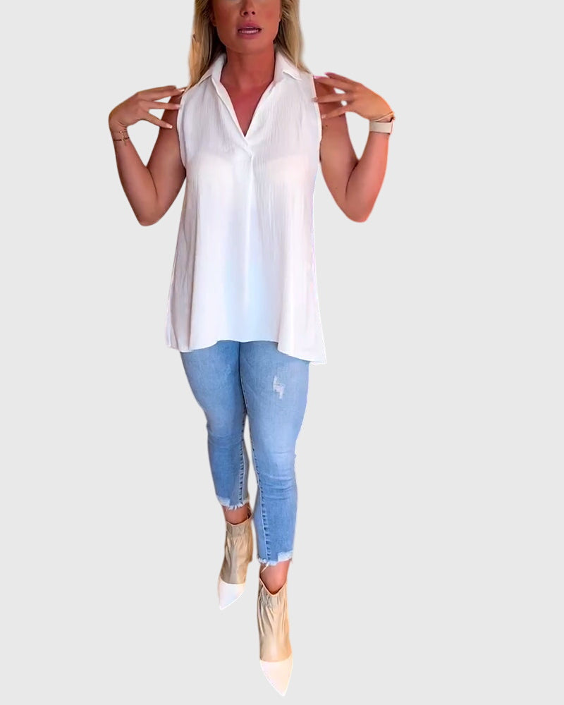 Women’s sleeveless top with ruffle details and a lapel collar, ideal for everyday wear, office outfits, and smart-casual occasions.