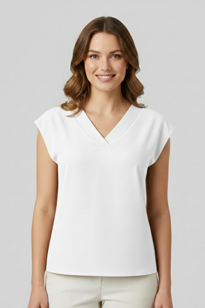 Women’s sleeveless top with V-neckline and straight fit, suitable for everyday wear, office outfits, and layered styling.