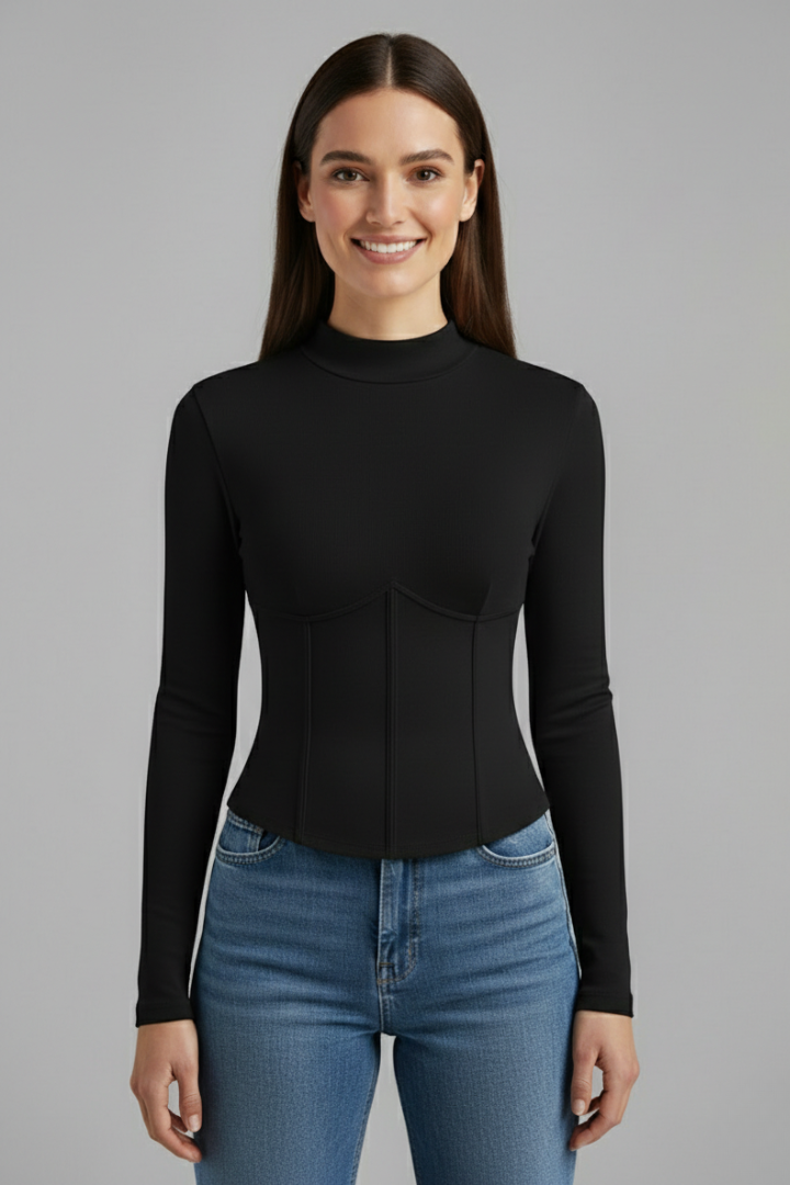 Women’s long sleeve T-shirt with stand collar and seam piping detail, suitable for everyday wear and casual outfits.
