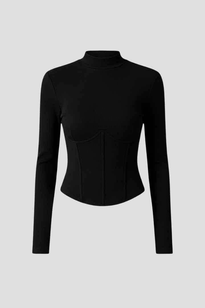 Women’s long sleeve T-shirt with stand collar and seam piping detail, suitable for everyday wear and casual outfits.