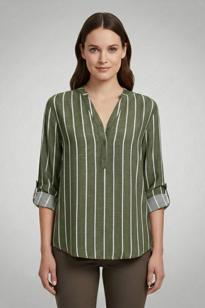 Women’s striped blouse with V-neckline and full button front, featuring roll-up sleeves and a curved hem for office or casual wear.