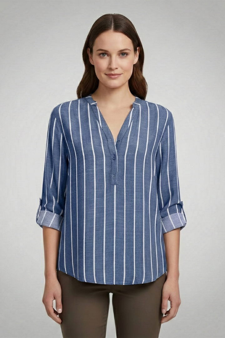 Women’s striped blouse with V-neckline and full button front, featuring roll-up sleeves and a curved hem for office or casual wear.
