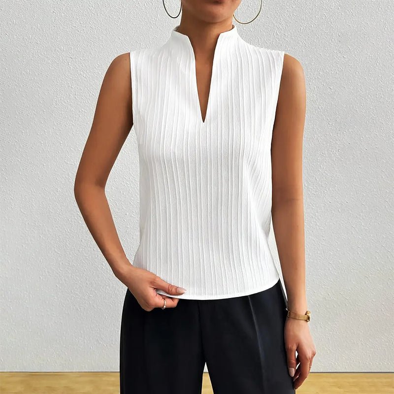 Women’s striped blouse with V-neckline, stand collar, and sleeveless design, suitable for office wear, business casual outfits, and everyday styling.