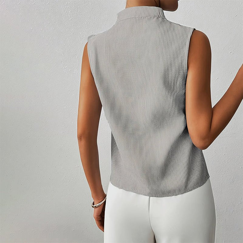 Women’s striped blouse with V-neckline, stand collar, and sleeveless design, suitable for office wear, business casual outfits, and everyday styling.