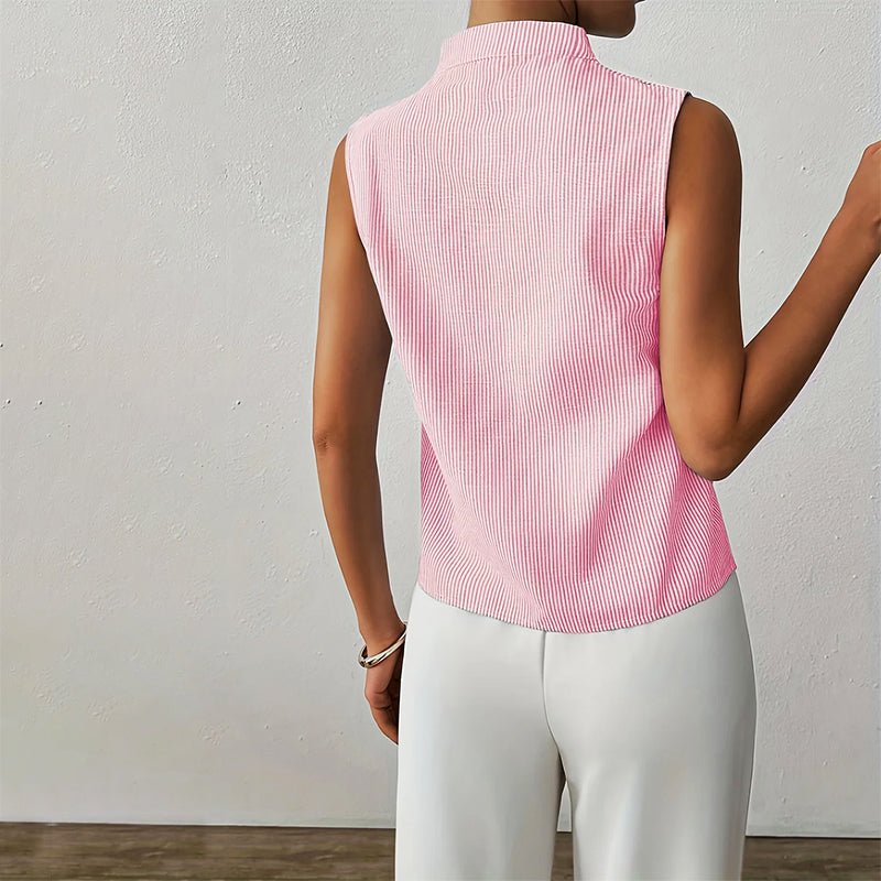 Women’s striped blouse with V-neckline, stand collar, and sleeveless design, suitable for office wear, business casual outfits, and everyday styling.