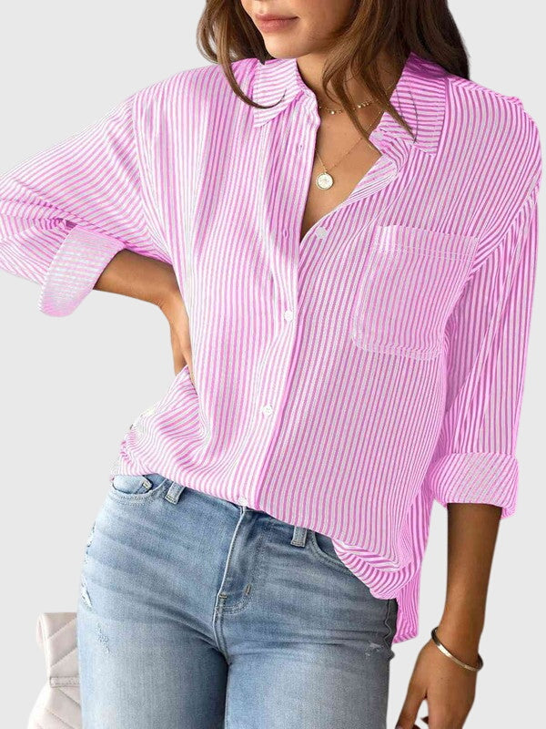 Women’s striped shirt with a collared neckline, button closure, and tailored fit, ideal for office wear, casual outings, and smart-casual occasions.