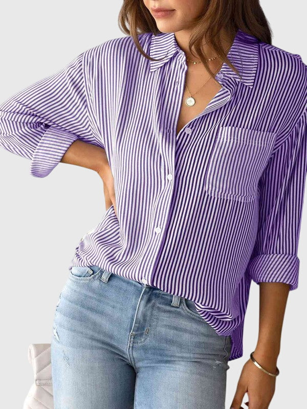 Women’s striped shirt with a collared neckline, button closure, and tailored fit, ideal for office wear, casual outings, and smart-casual occasions.