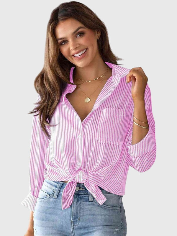 Women’s striped shirt with a collared neckline, button closure, and tailored fit, ideal for office wear, casual outings, and smart-casual occasions.