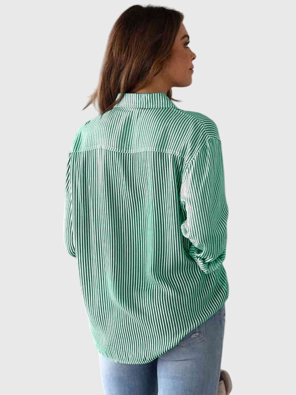 Women’s striped shirt with a collared neckline, button closure, and tailored fit, ideal for office wear, casual outings, and smart-casual occasions.