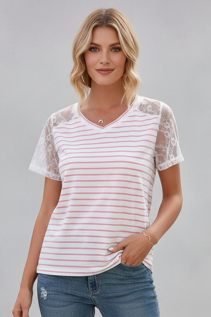 Women’s striped T-shirt with round neckline and lace sleeve detailing, ideal for casual everyday wear and versatile styling.