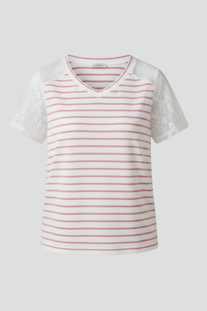 Women’s striped T-shirt with round neckline and lace sleeve detailing, ideal for casual everyday wear and versatile styling.