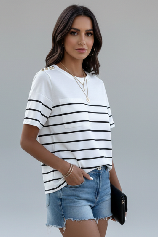 Women’s striped T-shirt with round neckline and shoulder button detail, suitable for everyday wear and casual outfits.