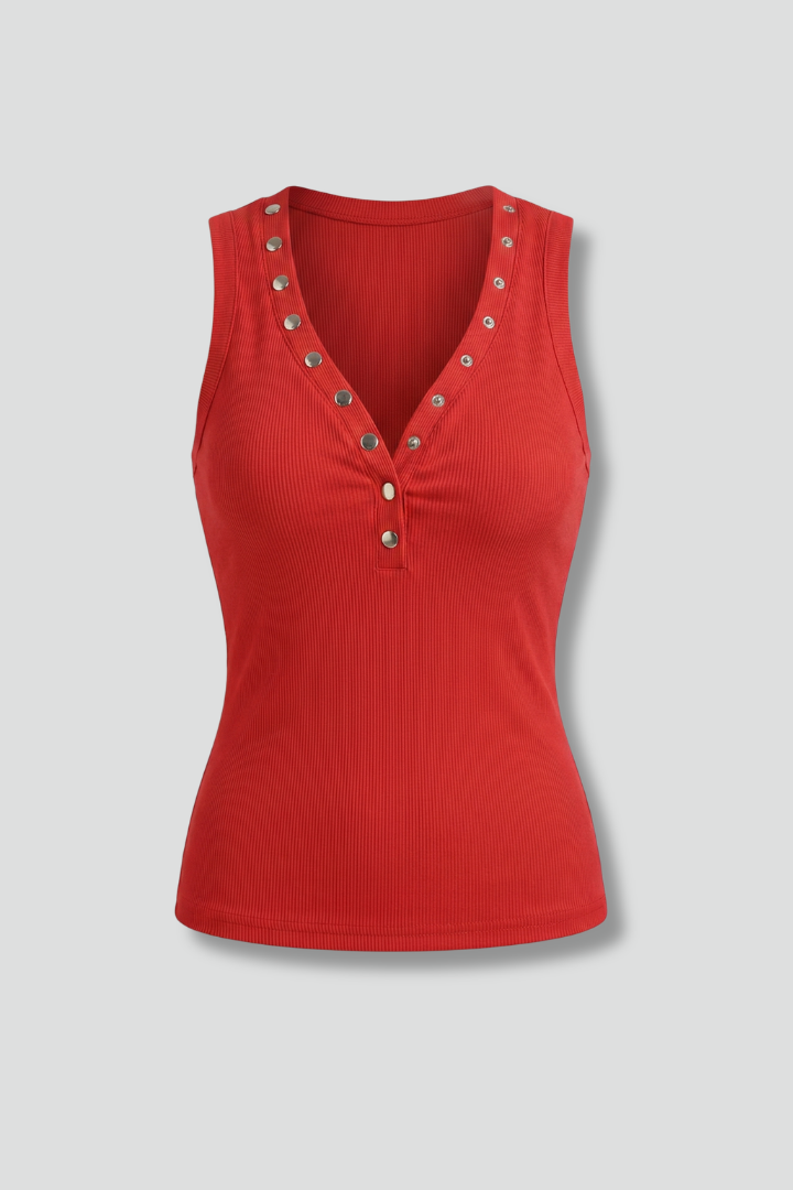 Women’s sleeveless fitted top with V-neckline, press stud fastening, and ribbed texture, suitable for casual and evening outfits.