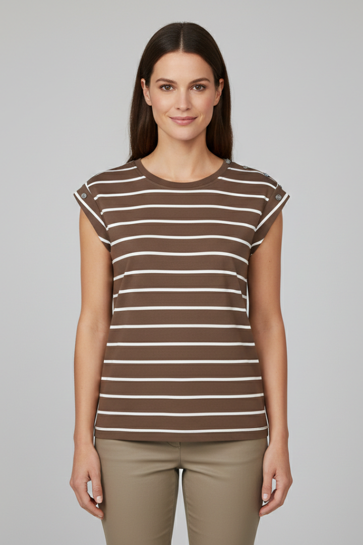 Women’s T-shirt with cap sleeves and horizontal striped pattern, designed for everyday wear and casual summer styling.