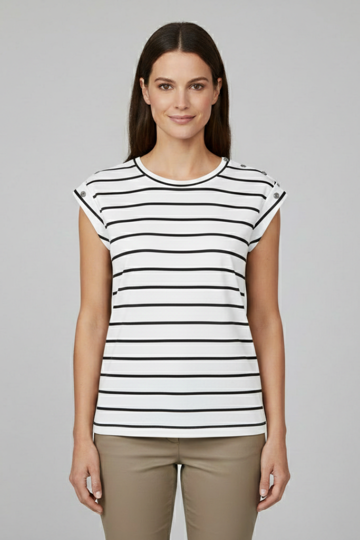 Women’s T-shirt with cap sleeves and horizontal striped pattern, designed for everyday wear and casual summer styling.