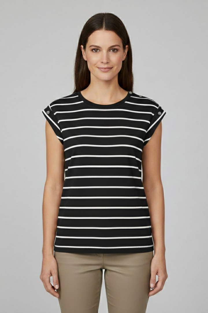 Women’s T-shirt with cap sleeves and horizontal striped pattern, designed for everyday wear and casual summer styling.