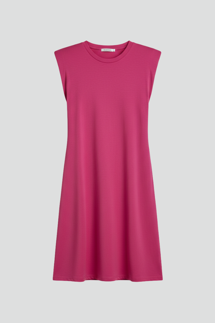 Women’s sleeveless T-shirt dress with shoulder pads, round neckline, and straight hem, suitable for casual wear and modern everyday styling.