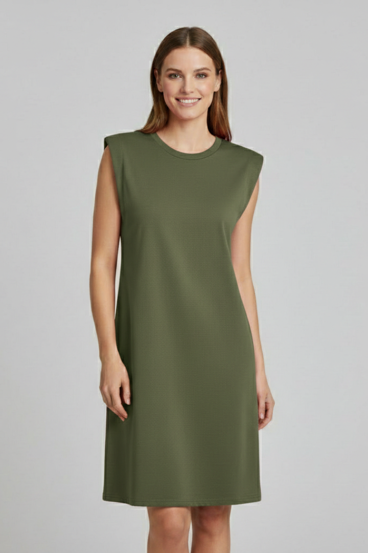 Women’s sleeveless T-shirt dress with shoulder pads, round neckline, and straight hem, suitable for casual wear and modern everyday styling.