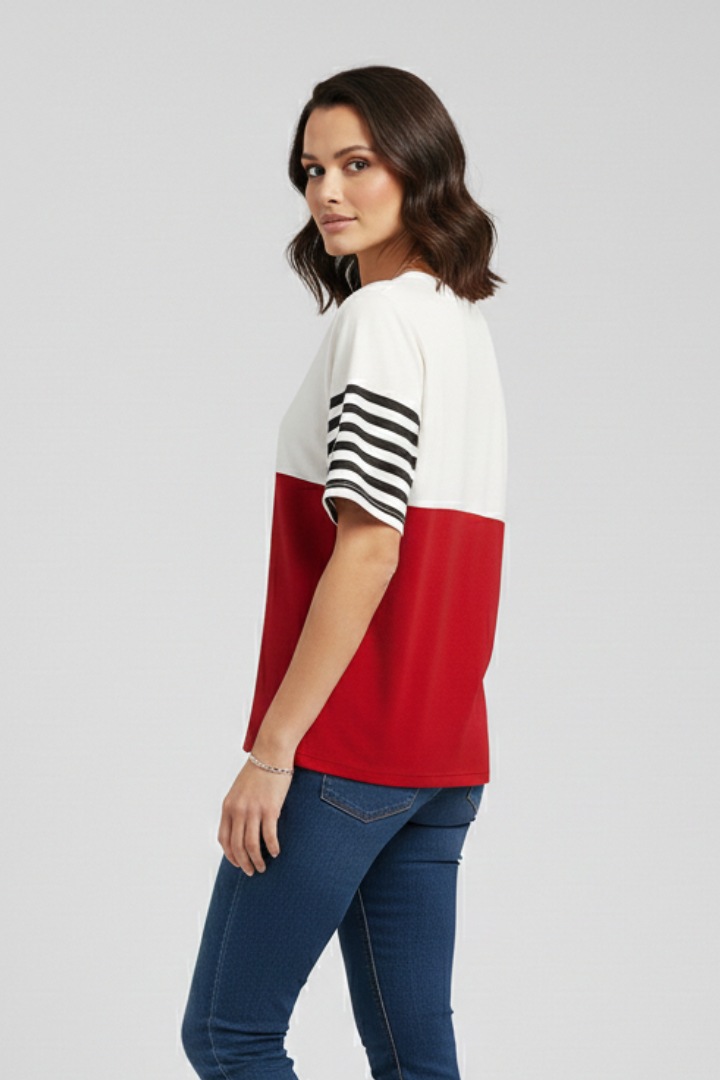 Women’s T-shirt with striped sleeves and chest pocket detail, featuring a color block design for everyday casual wear.