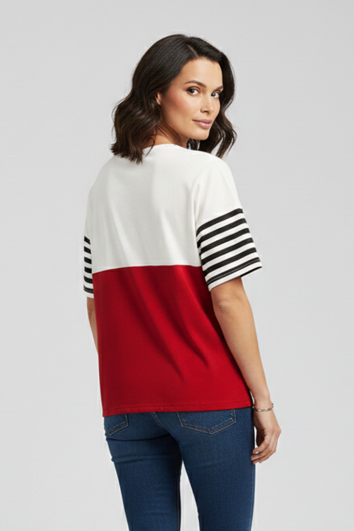Women’s T-shirt with striped sleeves and chest pocket detail, featuring a color block design for everyday casual wear.