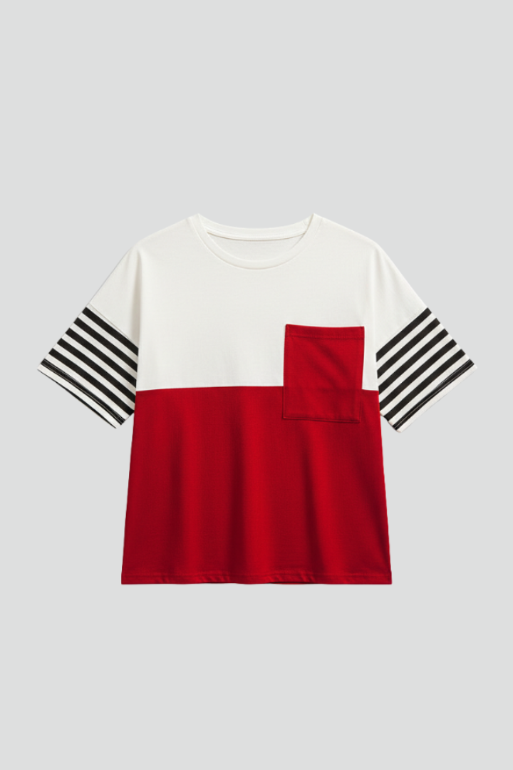 Women’s T-shirt with striped sleeves and chest pocket detail, featuring a color block design for everyday casual wear.