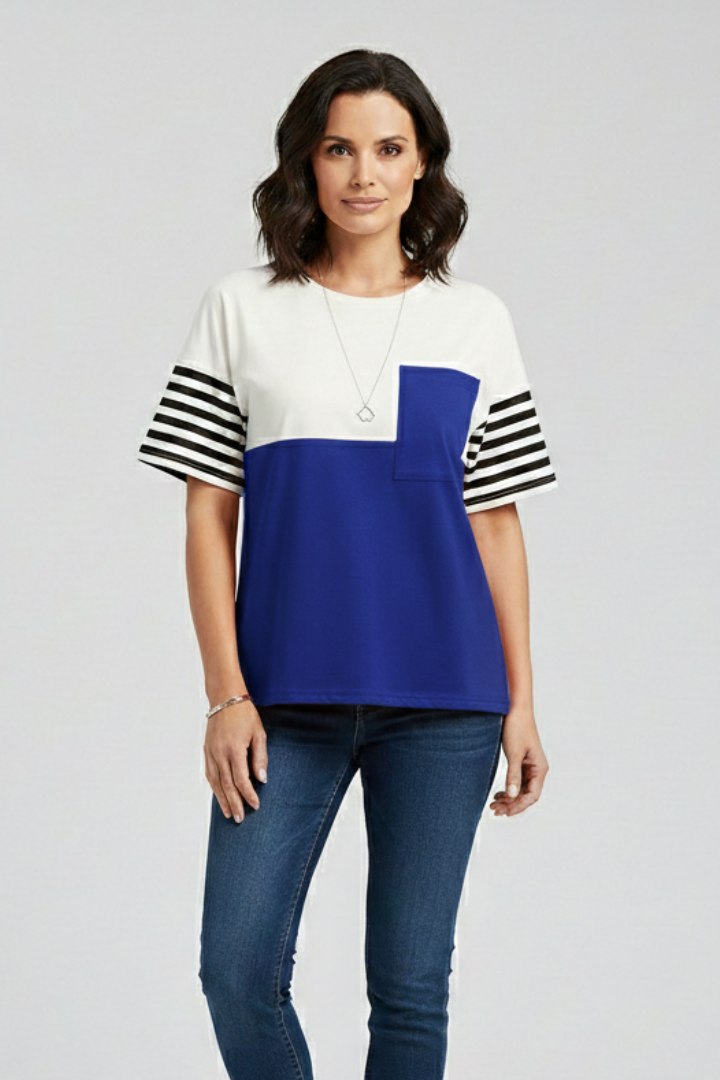 Women’s T-shirt with striped sleeves and chest pocket detail, featuring a color block design for everyday casual wear.