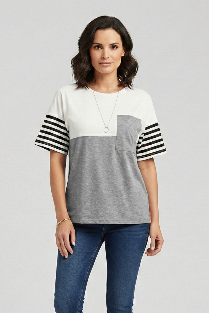 Women’s T-shirt with striped sleeves and chest pocket detail, featuring a color block design for everyday casual wear.