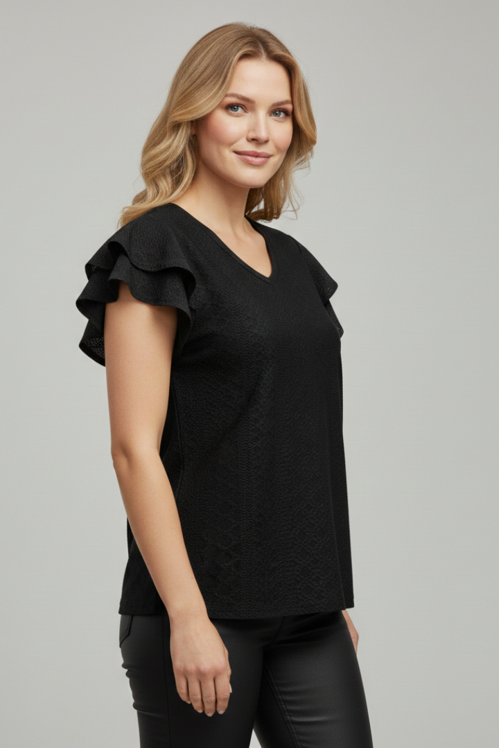 Women’s T-shirt with V-neckline and textured eyelet pattern, featuring ruffle sleeves for everyday casual and summer styling.