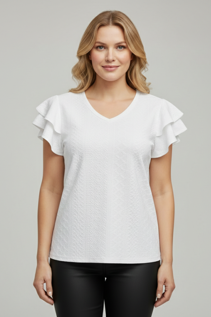 Women’s T-shirt with V-neckline and textured eyelet pattern, featuring ruffle sleeves for everyday casual and summer styling.