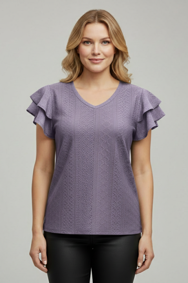 Women’s T-shirt with V-neckline and textured eyelet pattern, featuring ruffle sleeves for everyday casual and summer styling.