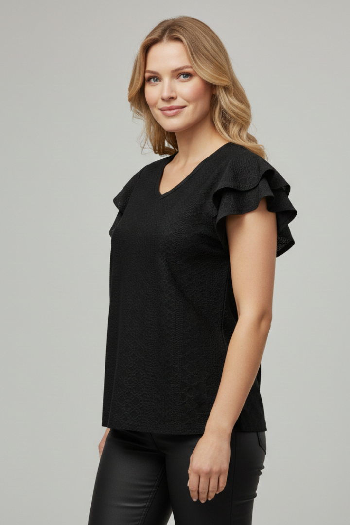 Women’s T-shirt with V-neckline and textured eyelet pattern, featuring ruffle sleeves for everyday casual and summer styling.