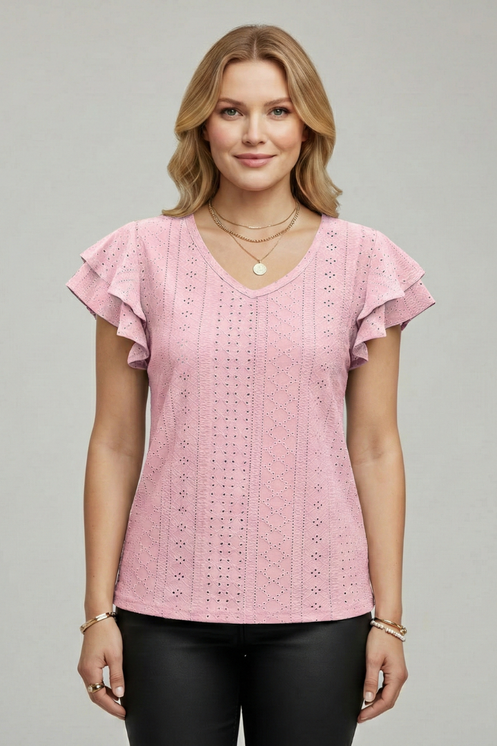 Women’s T-shirt with V-neckline and textured eyelet pattern, featuring ruffle sleeves for everyday casual and summer styling.
