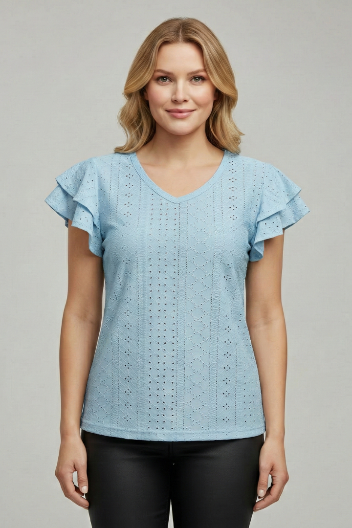 Women’s T-shirt with V-neckline and textured eyelet pattern, featuring ruffle sleeves for everyday casual and summer styling.