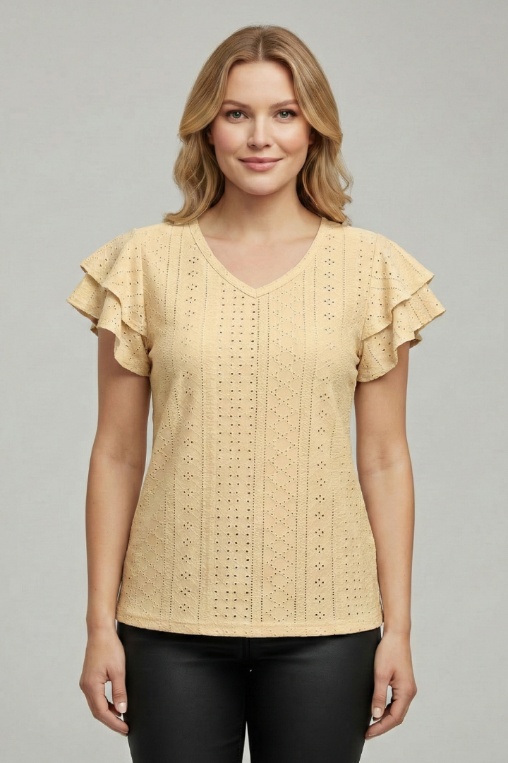 Women’s T-shirt with V-neckline and textured eyelet pattern, featuring ruffle sleeves for everyday casual and summer styling.