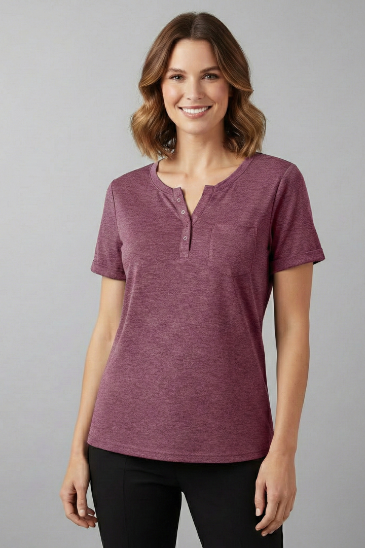 Women’s loose-fit T-shirt with round neckline, front button placket, and curved hem, suitable for casual wear and everyday styling.