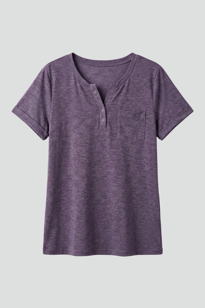 Women’s loose-fit T-shirt with round neckline, front button placket, and curved hem, suitable for casual wear and everyday styling.
