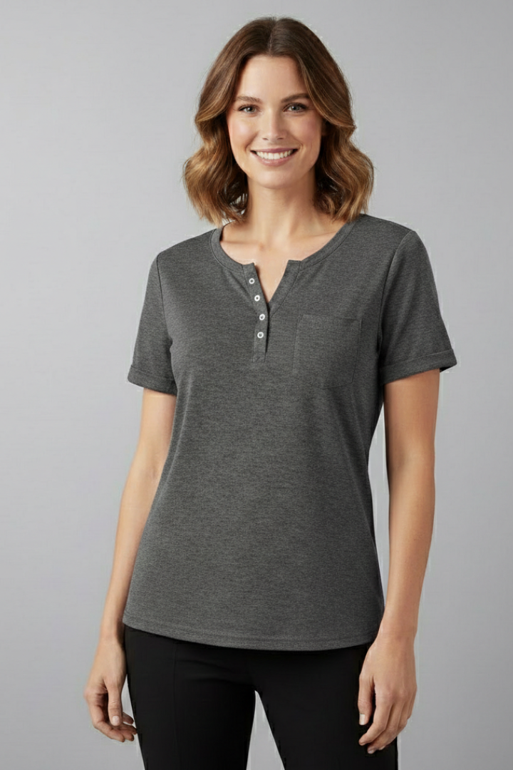 Women’s loose-fit T-shirt with round neckline, front button placket, and curved hem, suitable for casual wear and everyday styling.