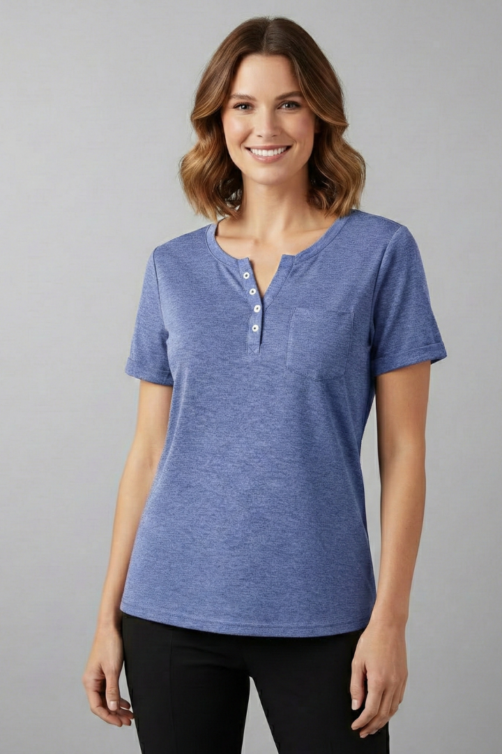 Women’s loose-fit T-shirt with round neckline, front button placket, and curved hem, suitable for casual wear and everyday styling.