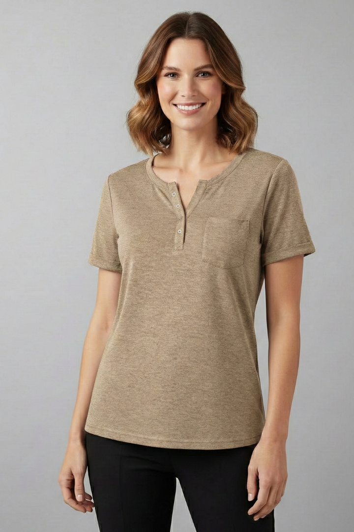 Women’s loose-fit T-shirt with round neckline, front button placket, and curved hem, suitable for casual wear and everyday styling.