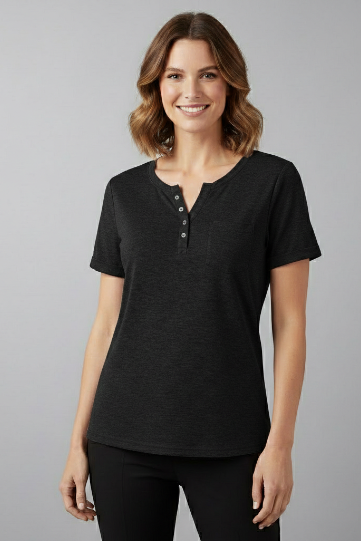 Women’s loose-fit T-shirt with round neckline, front button placket, and curved hem, suitable for casual wear and everyday styling.