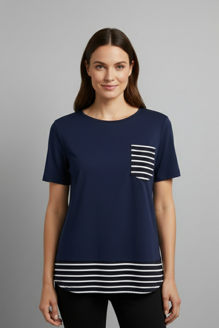 Women’s short sleeve T-shirt with round neckline, chest pocket, and striped hem detail, suitable for everyday wear and casual styling.