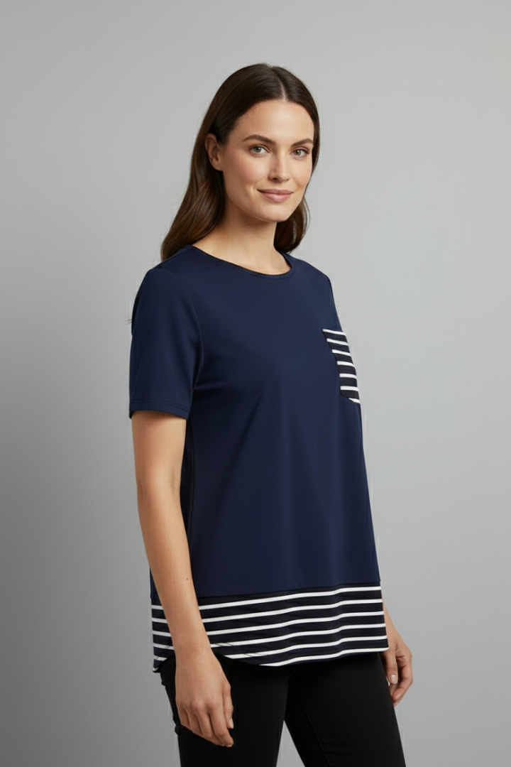Women’s short sleeve T-shirt with round neckline, chest pocket, and striped hem detail, suitable for everyday wear and casual styling.