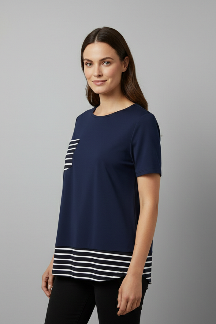 Women’s short sleeve T-shirt with round neckline, chest pocket, and striped hem detail, suitable for everyday wear and casual styling.