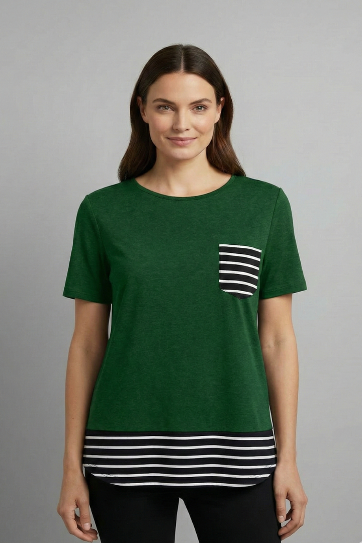 Women’s short sleeve T-shirt with round neckline, chest pocket, and striped hem detail, suitable for everyday wear and casual styling.